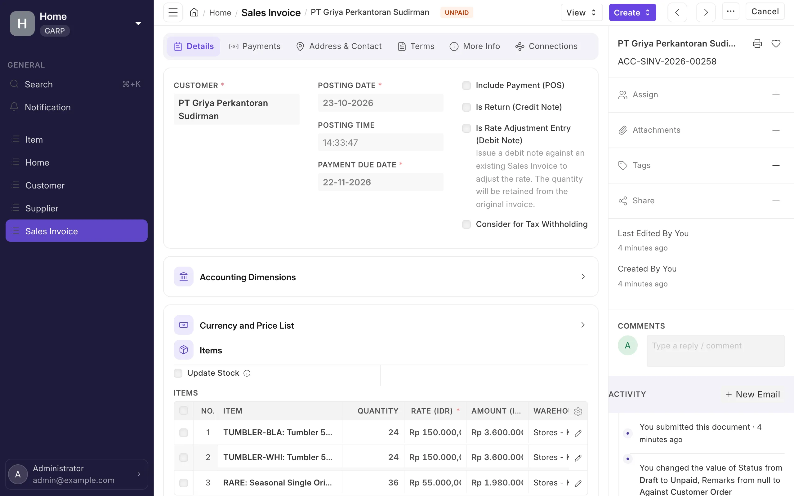 Faktur penjualan sungguhan di BizConnect.id: dibuat dari pesanan, stok sudah terpotong, jatuh tempo terpantau.