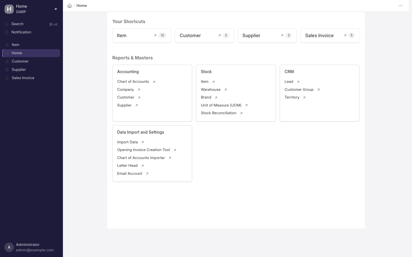 The GARP ERP desk, showing shortcuts and grouped reports and masters
