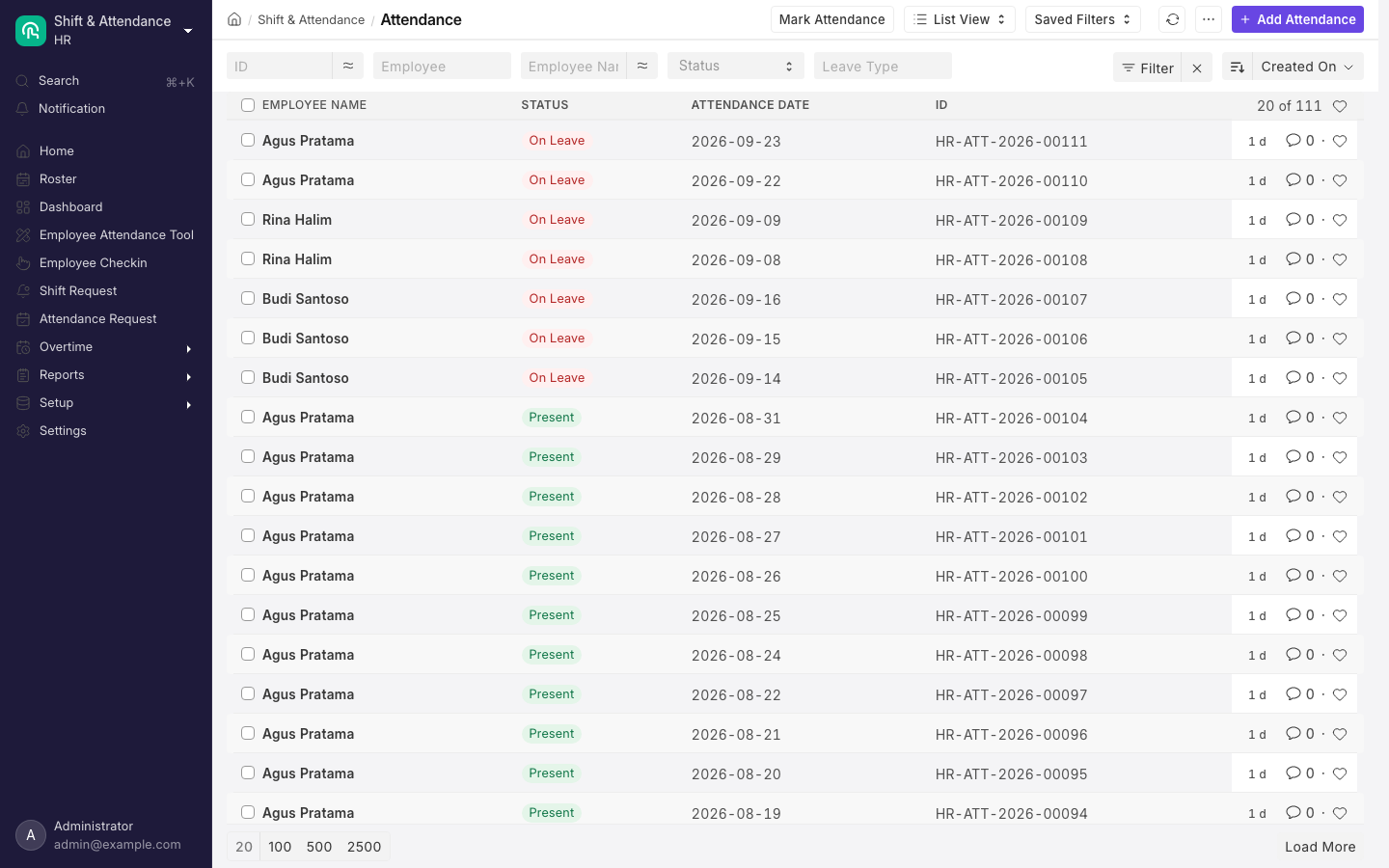 Attendance records for one month, one row per employee per day.