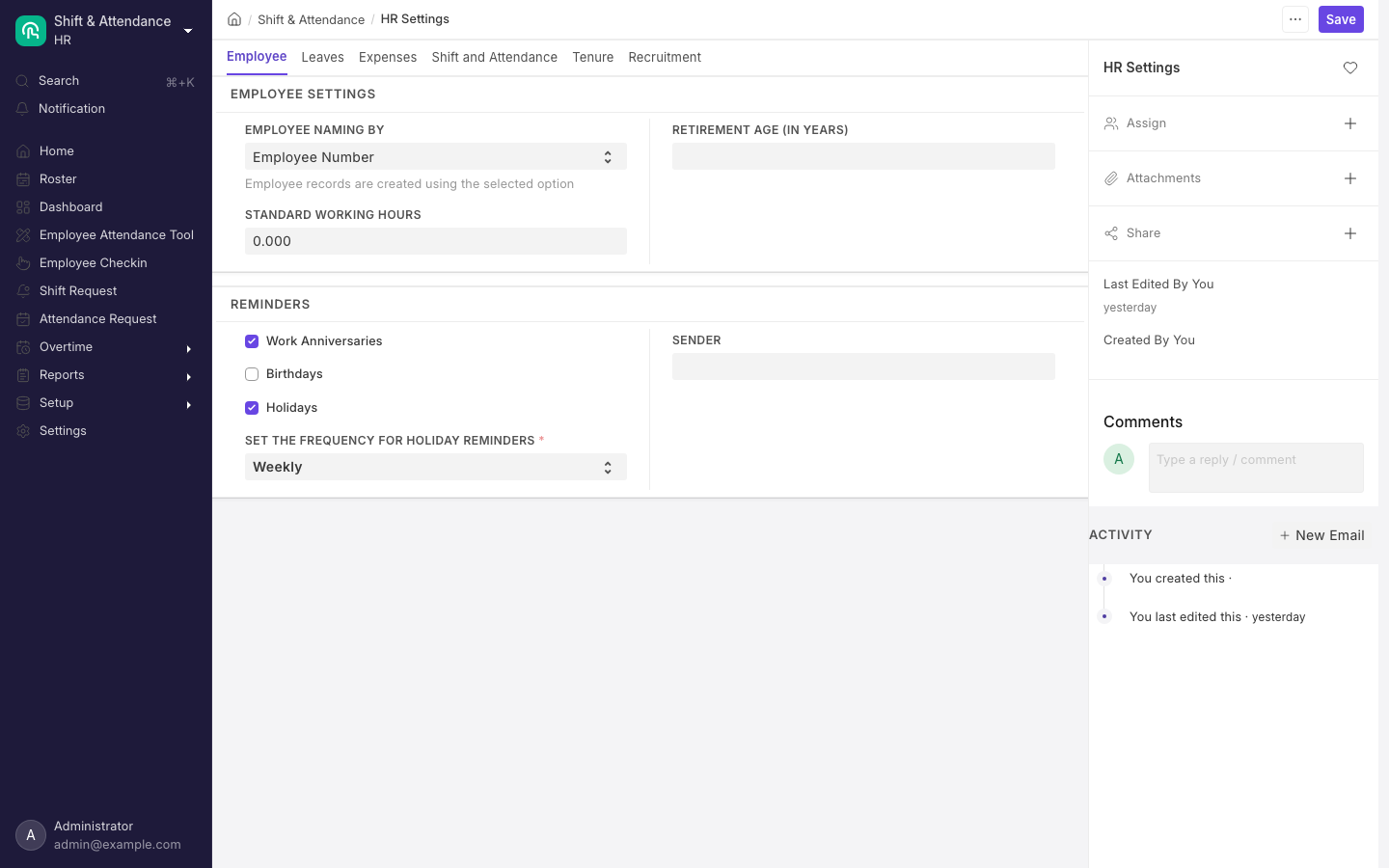 HR Settings. One document for the whole site, grouped into tabs.