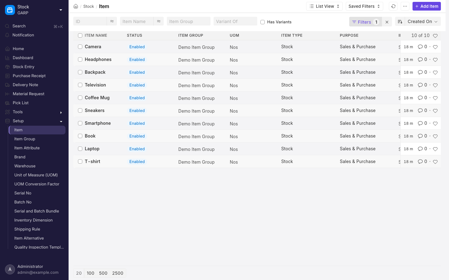 The Item list, showing item codes, names, groups and stock unit of measure