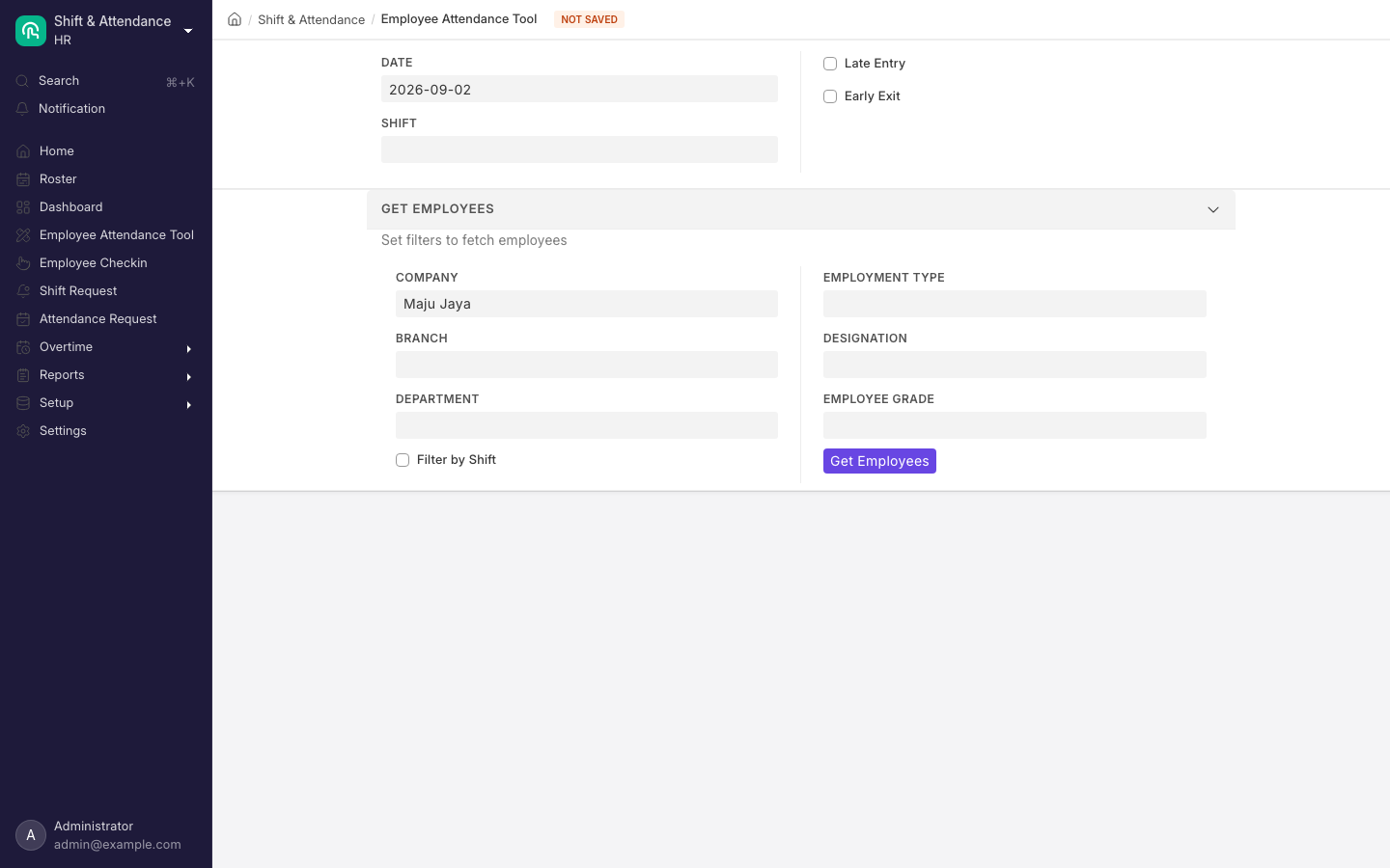 Employee Attendance Tool menandai satu kelompok karyawan hadir atau tidak hadir untuk satu tanggal.