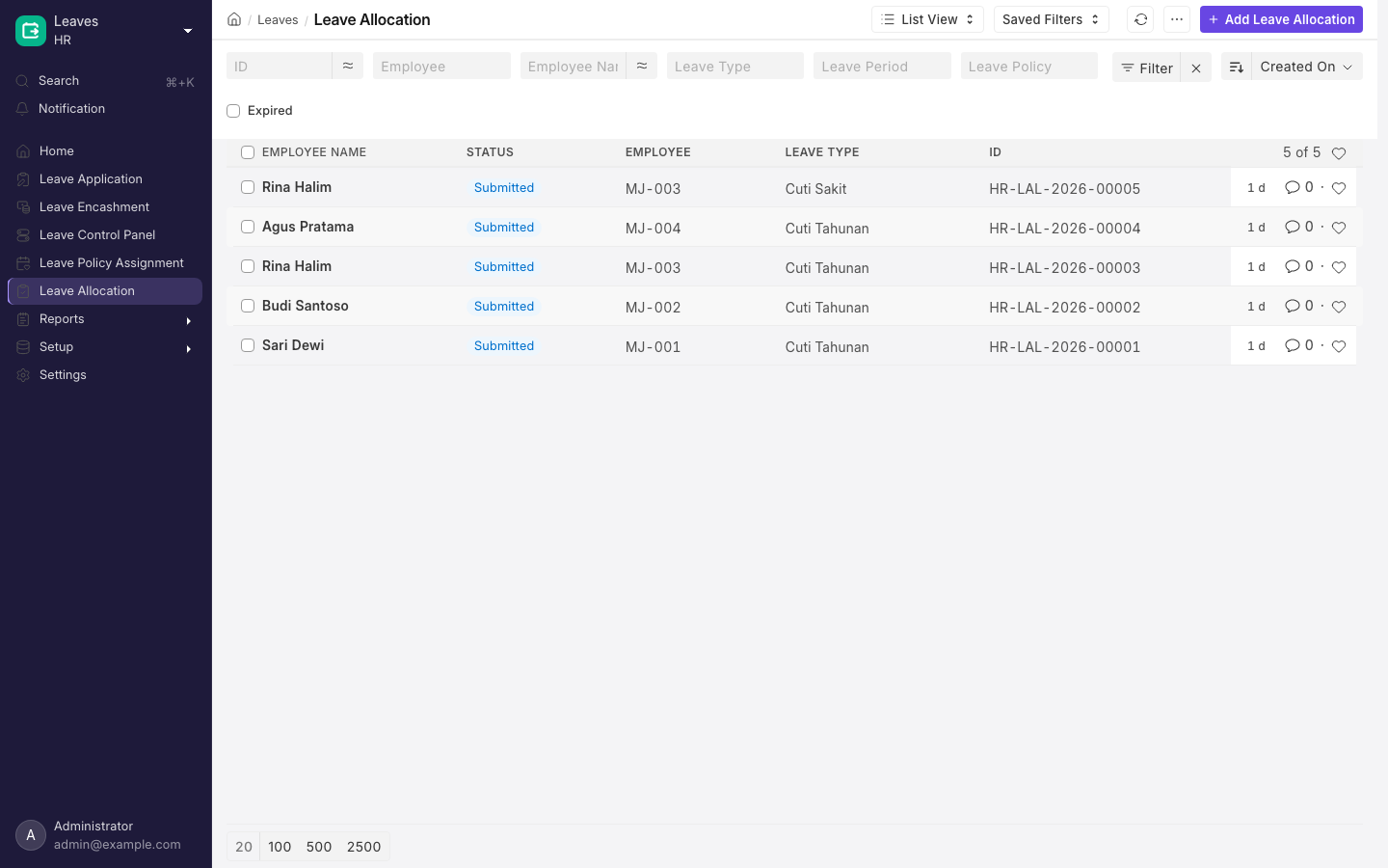 Sebuah Leave Allocation. Dari sinilah asal saldo yang diperiksa oleh Leave Application.