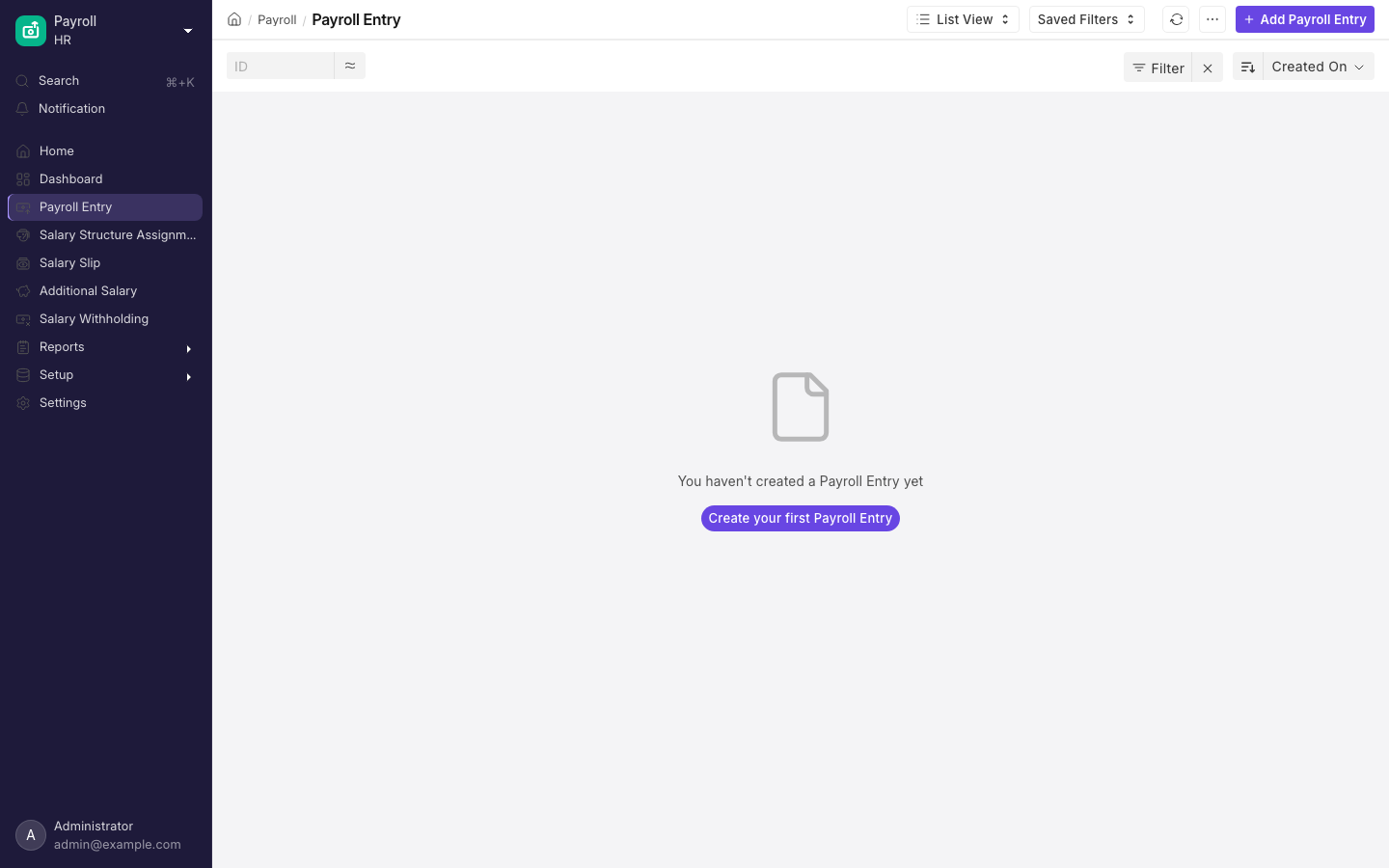 Payroll Entry, yang menjalankan penggajian untuk satu perusahaan atau satu departemen sekaligus.